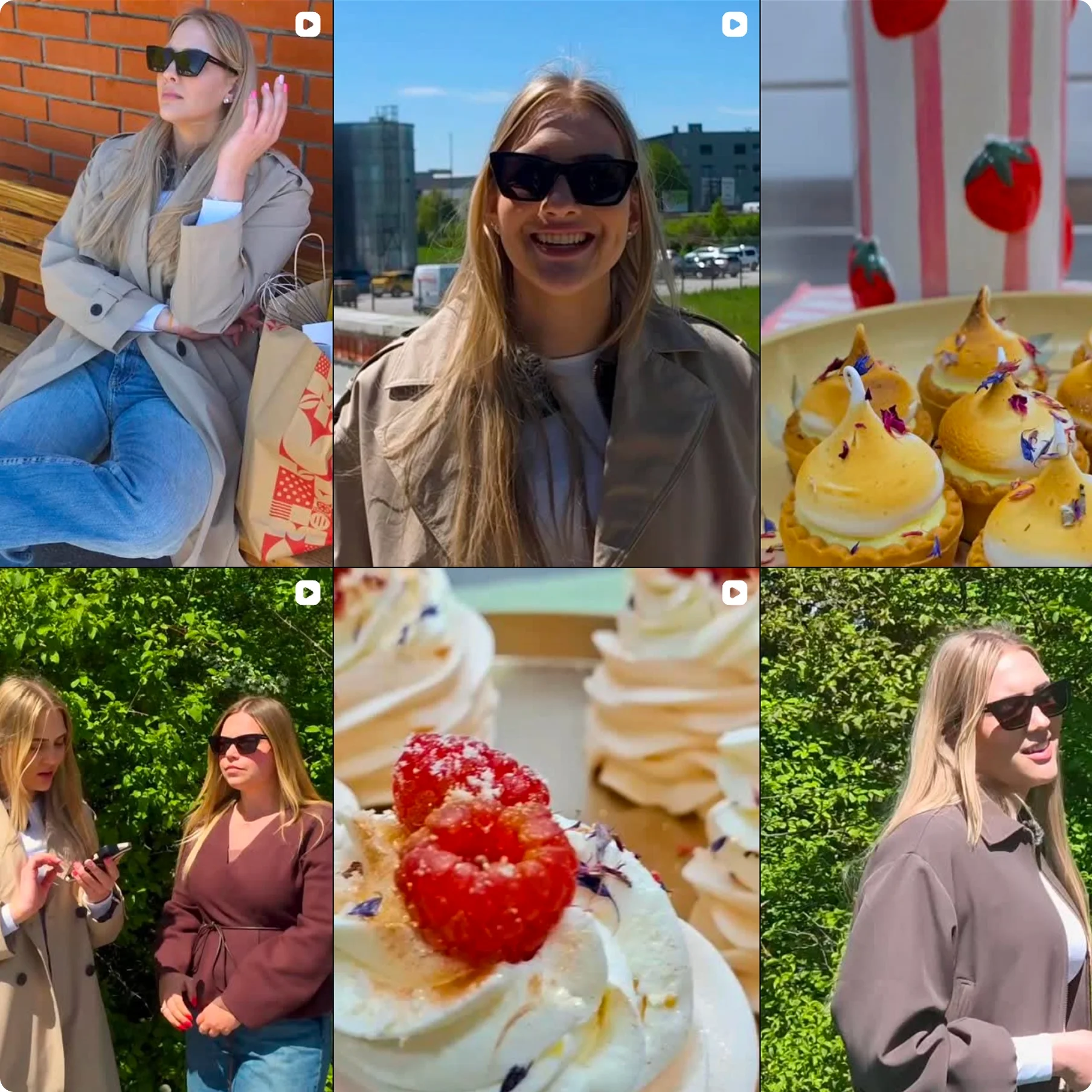 A collage of social media videos featuring people and desserts.